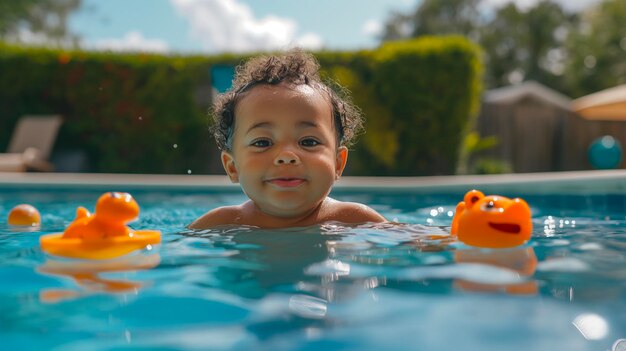 un bambino in una piscina con anatre nell'acqua