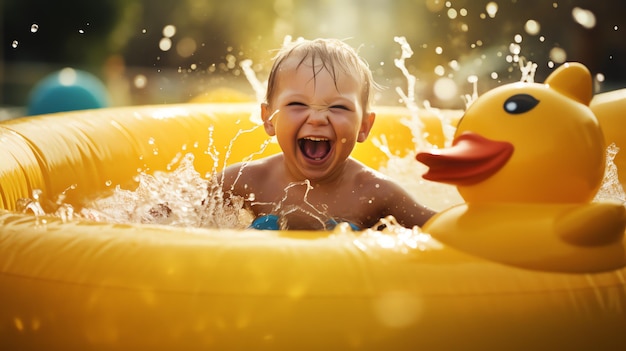 un bambino in una piscina di anatre gialle