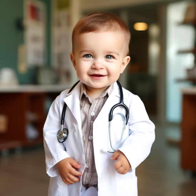 Un bambino medico maschio in abito da laboratorio e stetoscopio con le braccia piegate in piedi nel corridoio dell'ospedale