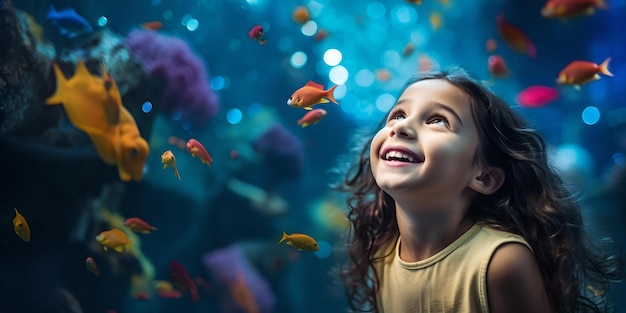 Un bambino meravigliato dai pesci colorati in un acquario visita un momento di meraviglia e gioia catturato dall'intelligenza artificiale