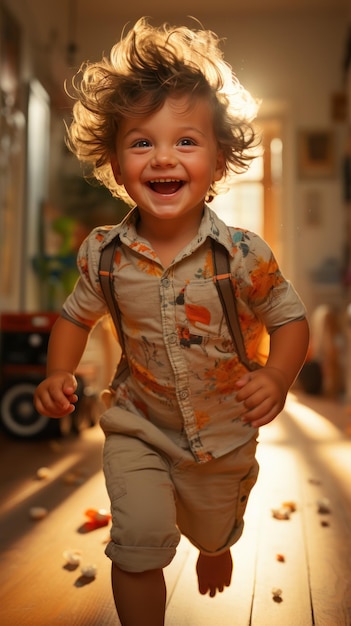 Un bambino muove i primi passi in un soggiorno immerso nella calda luce dorata del sole al tramonto Creato con l'IA generativa