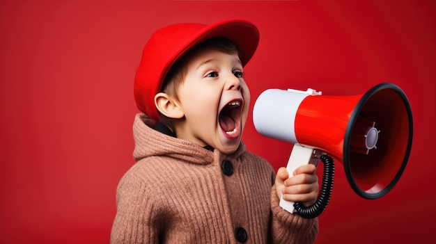 Un bambino parla in un altoparlante isolato su sfondo rosso