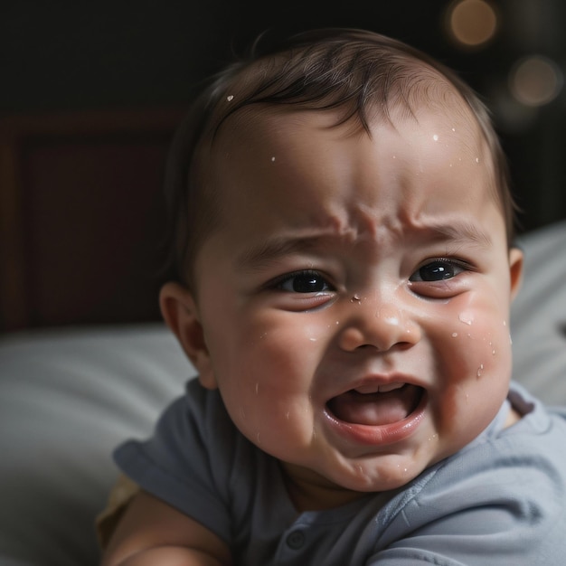 Un bambino piange con la faccia sporca