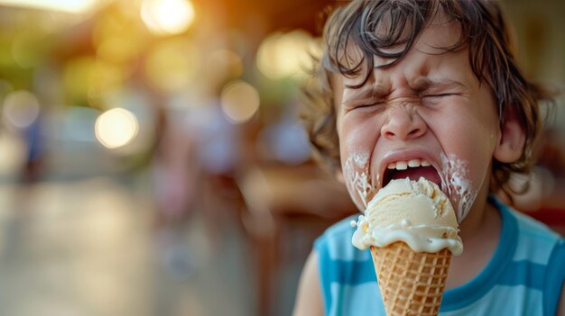 Un bambino piange perché il suo gelato si è rovesciato Un ragazzino piange tenendo il gelato