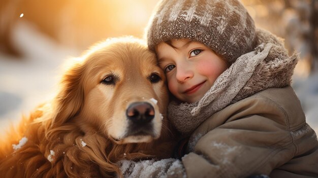 Un bambino piccolo abbraccia il suo animale domestico golden retriever Vacanze invernali con attività Design ai