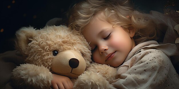 Un bambino piccolo abbraccia un orsacchiotto in un sogno Foto di alta qualità AI generativa