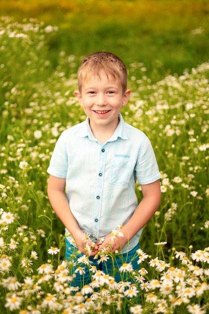 Un bambino piccolo cammina in un campo di margherite tiene in mano un cesto di fiori sorride