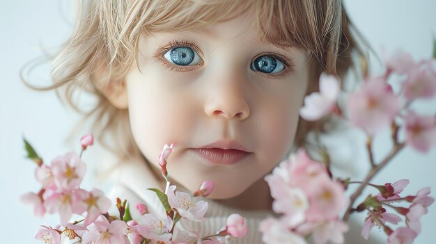 Un bambino piccolo che ammira un bouquet di fiori di ciliegio rosa