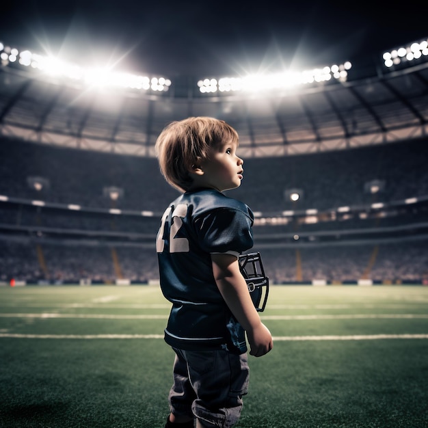 Un bambino piccolo che indossa un casco di grandi dimensioni e tiene un calcio americano in piedi in una stanza vuota