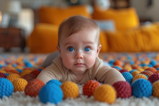 Un bambino piccolo giace comodamente su un letto pieno di palle colorate che esplorano le texture