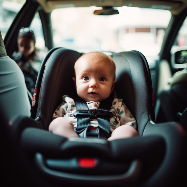 Un bambino piccolo si siede in sicurezza nel seggiolino dell'auto