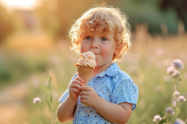 Un bambino piccolo sta mangiando il gelato