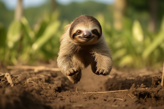 un bambino pigro che corre attraverso la sporcizia