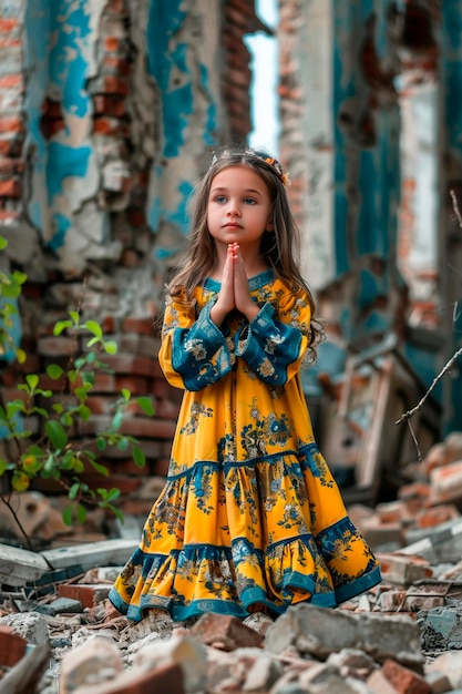 un bambino prega sulle rovine attenzione selettiva