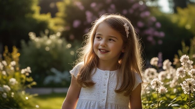 un bambino radioso trabocca di gioia mentre esplorano la bellezza soleggiata di un giardino in fiore