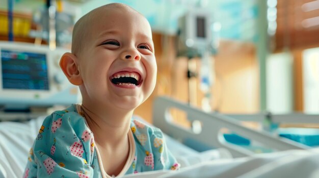 Un bambino ride felice durante la chemioterapia in ospedale