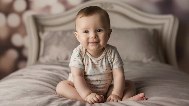 Un bambino ritratto seduto dritto sul letto