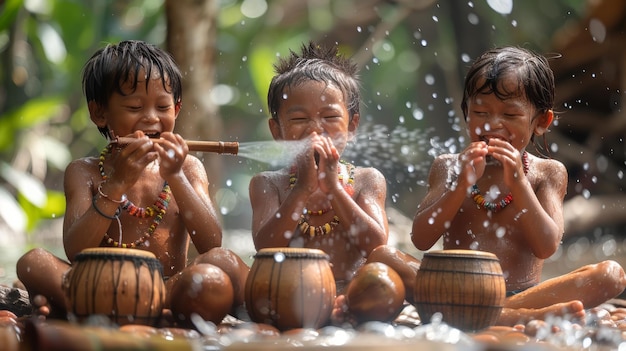 Un bambino rurale suona musica e ride mentre suona il popolo thailandese