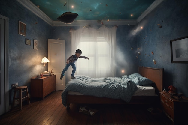 Un bambino salta su un letto in una stanza con il soffitto blu e un ufo sul soffitto.