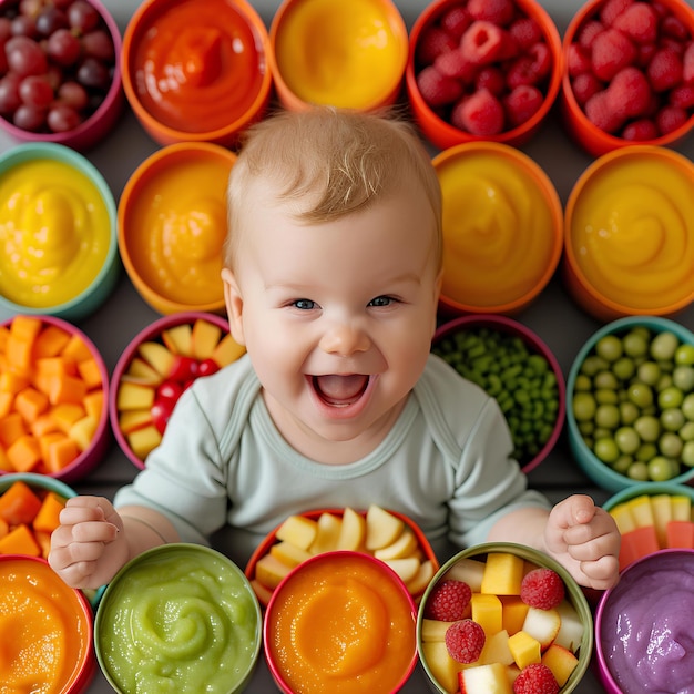 Un bambino seduto davanti a tante ciotole di frutta di colore diverso