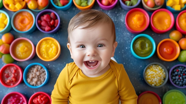 Un bambino seduto davanti a un muro di ciotole colorate