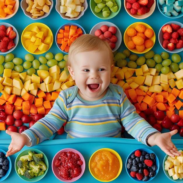 Un bambino seduto davanti a un tavolo pieno di frutta