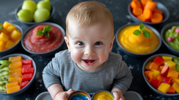 Un bambino seduto davanti a una ciotola di frutta