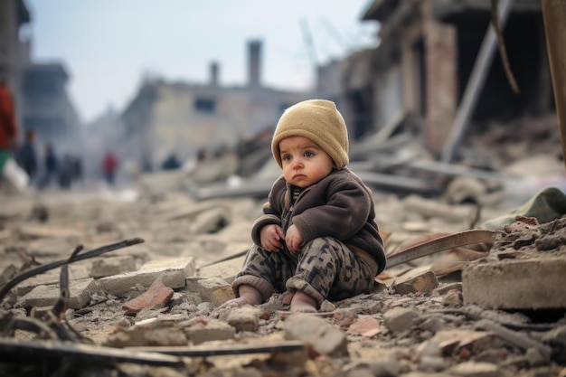 Un bambino seduto in strada distrutto da una bomba durante la guerra