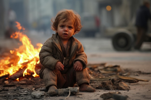 Un bambino seduto in strada distrutto da una bomba durante la guerra