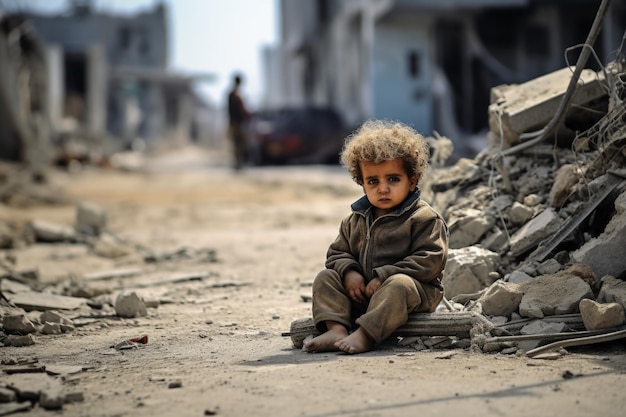 Un bambino seduto in strada distrutto da una bomba durante la guerra