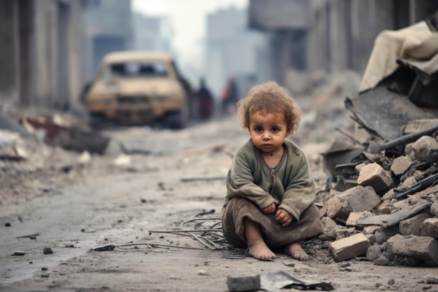 Un bambino seduto in strada distrutto da una bomba durante la guerra