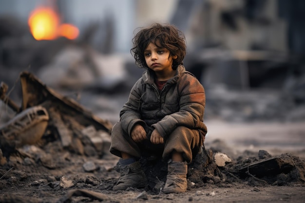 Un bambino seduto in strada distrutto da una bomba durante la guerra