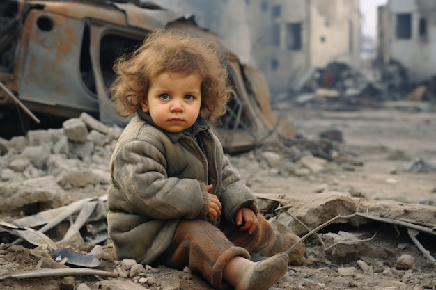 Un bambino seduto in strada distrutto da una bomba durante la guerra