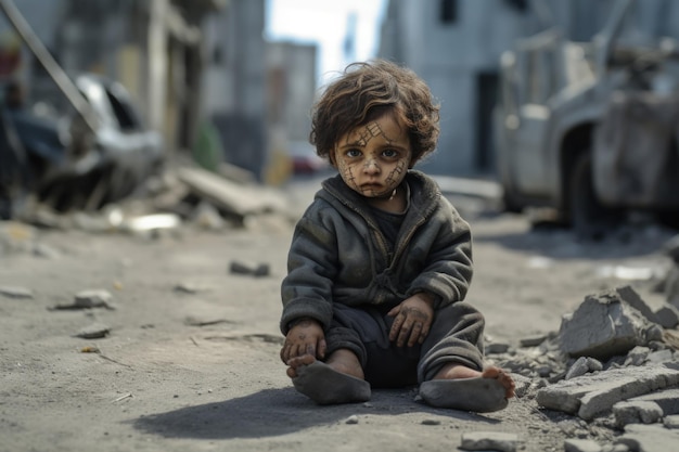 Un bambino seduto in strada distrutto da una bomba durante la guerra