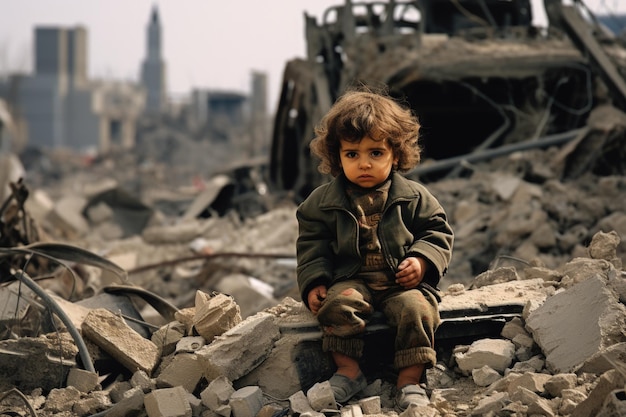 Un bambino seduto in strada distrutto da una bomba durante la guerra