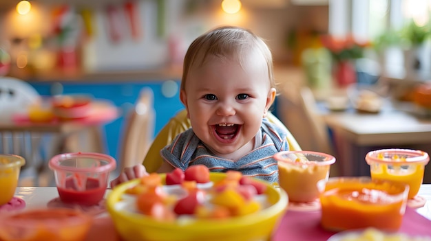 Un bambino seduto in una sedia alta a un tavolo con cibo su di esso e una ciotola di frutta davanti a lui