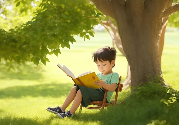 Un bambino seduto su una sedia a sdraio sotto un albero frondoso legge il suo libro preferito