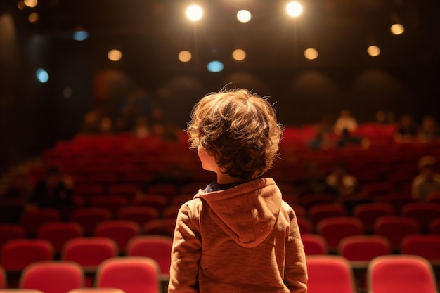 Un bambino si rivolge con fiducia a un pubblico attento dal palco