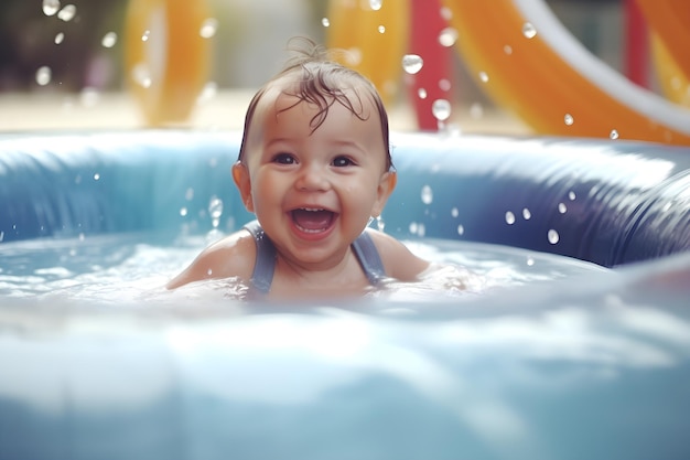 Un bambino si sta divertendo in una piscina con delle gocce d'acqua sopra.