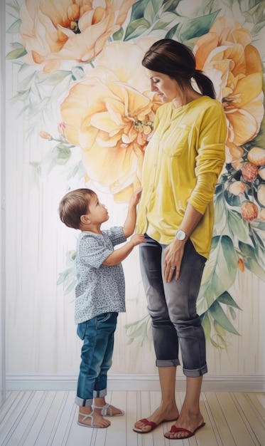 Un bambino si trova davanti a un dipinto di una donna e sua madre