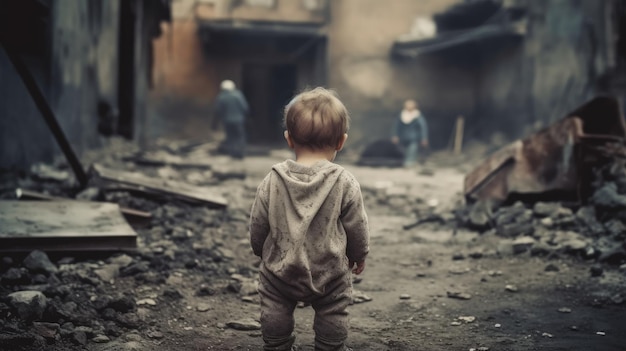 Un bambino si trova in un edificio distrutto con la parola guerra sul davanti.