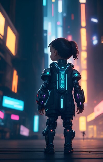 Un bambino si trova in una strada di fronte a una città con uno sfondo cyberpunk al neon