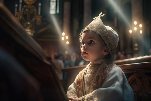 Un bambino siede in una chiesa e guarda la telecamera.