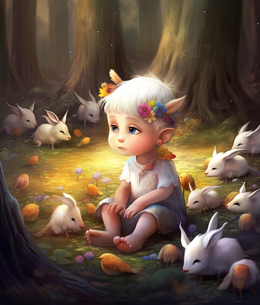 Un bambino siede in una foresta con conigli bianchi.