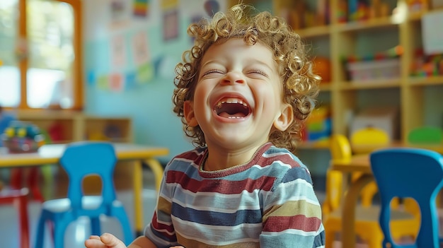 Un bambino sorride e ride mentre si siede su una coperta il sorriso di un bambino è contagioso