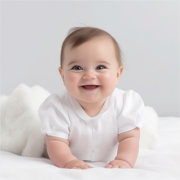 un bambino sorride e sorride su una coperta bianca