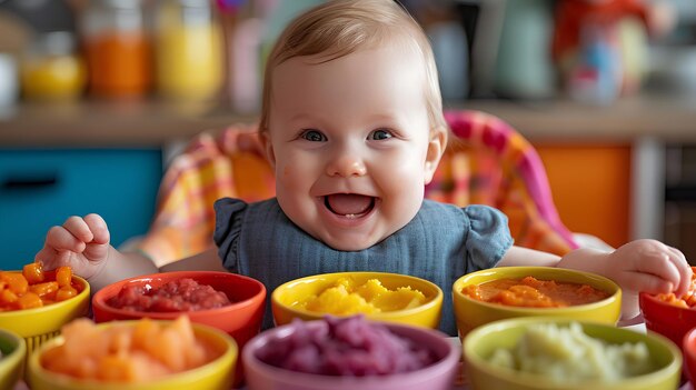 Un bambino sorride seduto davanti a ciotole colorate