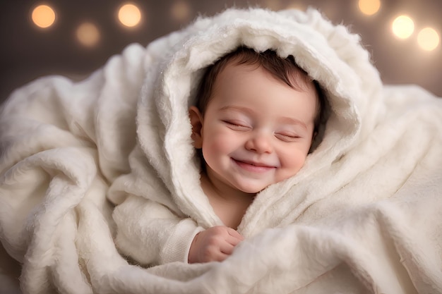 Un bambino sorridente, avvolto in un asciugamano, dorme contento.