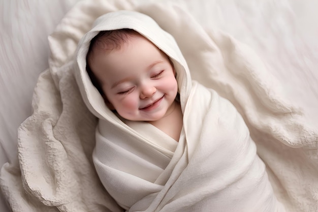 Un bambino sorridente, avvolto in un asciugamano, dorme contento.