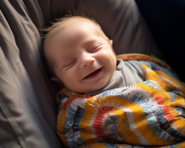 un bambino sorridente che giace in un seggiolino per auto